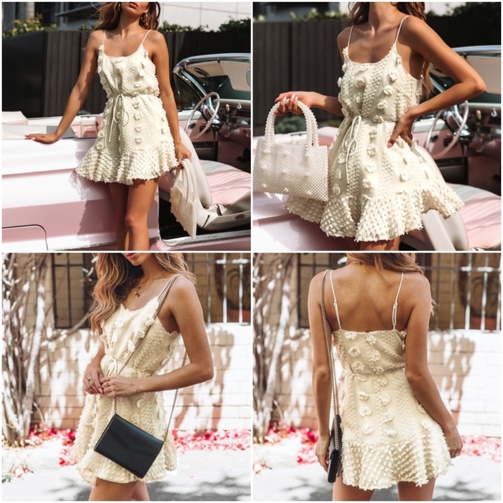 Textured Mini Dress Beige Ruffle Cami Ties - Picture 4 of 12